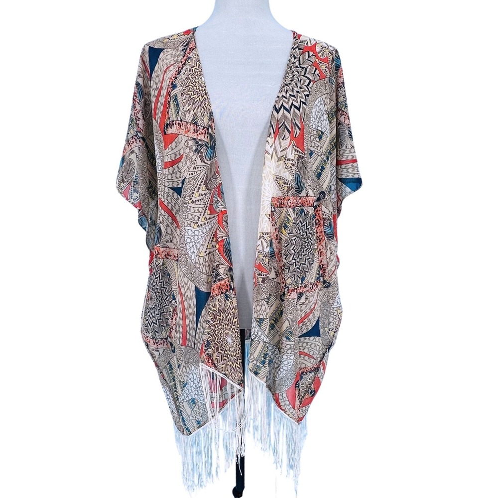 Bohemian Geometric‎ Indian Fringe Kimono Wrap Open Front Festival Cardigan O/S